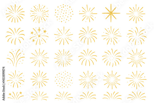 Icon set featuring decorative firework designs in various styles and patterns for celebrations and events
