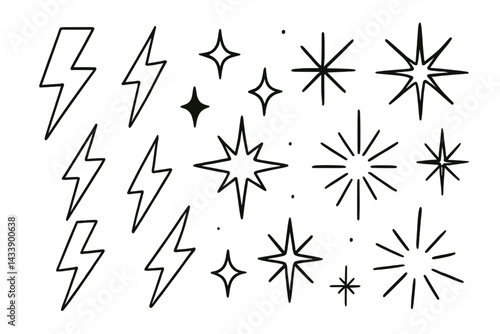 Icon set featuring lightning bolts and star shapes for creative projects in various styles and designs