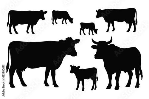 Varied silhouettes of cows representing different breeds, sizes, and life stages for design and educational purposes in agriculture