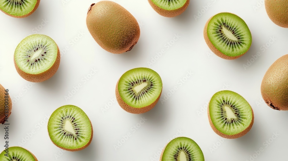 Fototapeta premium Overhead view of evenly spaced vibrant kiwi fruit slices on a clean white surface, exhibiting