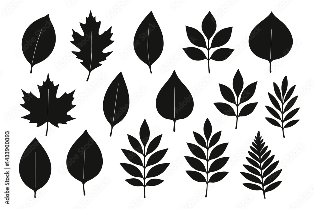 Collection of various leaf icons illustrating nature in a simplistic black design for decorative purposes Collection of various leaf icons illustrating nature in a simplistic black design for decorative purposes