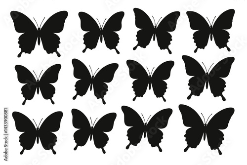 Icon set featuring various butterfly silhouettes in black arranged in a grid pattern for design purposes