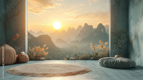 realistic childroom, begie and green, pastel wallpaper, mountains, sunset, minimalizm, light, childbed