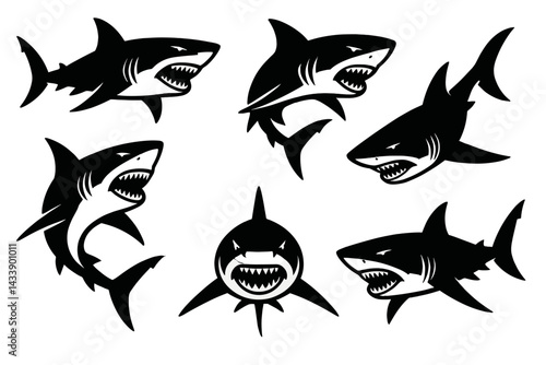 Icon set of aggressive shark designs perfect for marine-themed projects and branding