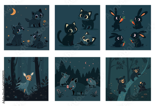 Mysterious vector set of nocturnal forest animals in a mystical atmosphere. Black kittens, wild pigs, roe deer, wolves, bear cubs, bunnies under the moonlight. Stylized design in dark tones