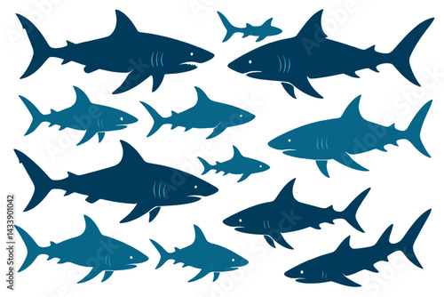 Diverse shark icon set featuring various sizes and styles in shades of blue and teal