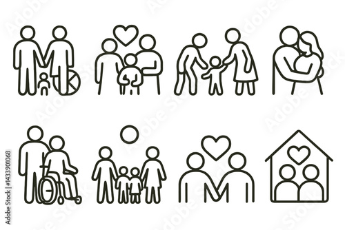 Icon set representing family relationships and community interactions in a clear and minimalist style