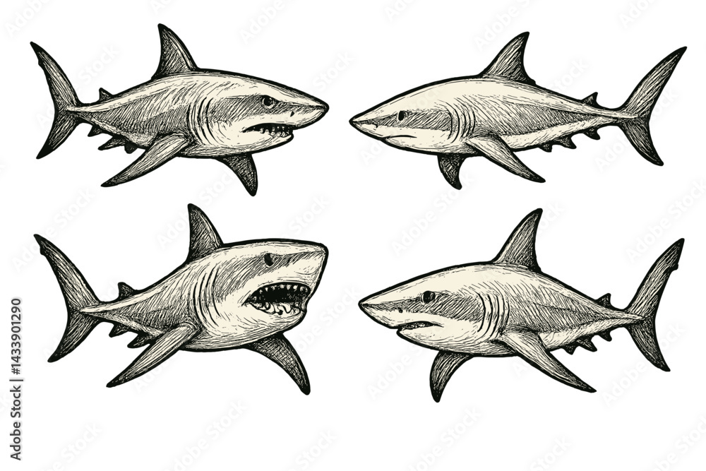 Fototapeta premium Set of illustrated shark icons showcasing different angles and expressions for use in various design projects