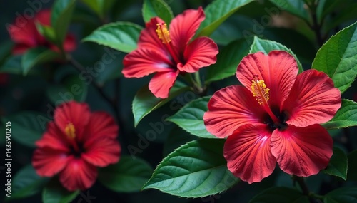 Wallpaper Mural Bold, vibrant hibiscus blooms, tropical leaves, continuous print, wallpaper, paradise, summer Torontodigital.ca