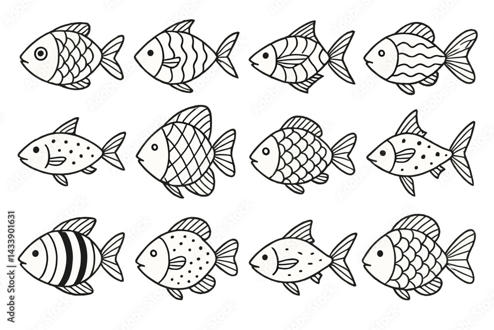 Diverse collection of hand-drawn fish icons suitable for various design projects and creative uses Diverse collection of hand-drawn fish icons suitable for various design projects and creative uses