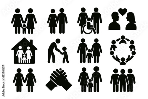 Collection of Family and Relationship Icons Representing Various Social Interactions and Roles