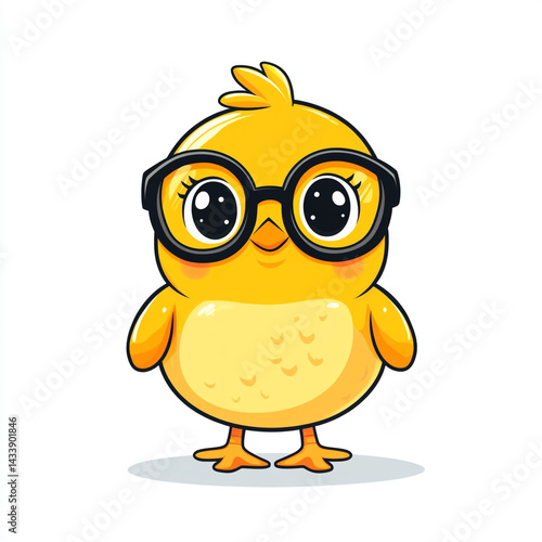 A cheerful, cartoon-style yellow chick wearing black-rimmed glasses on a simple white background, exuding charm and playfulness.