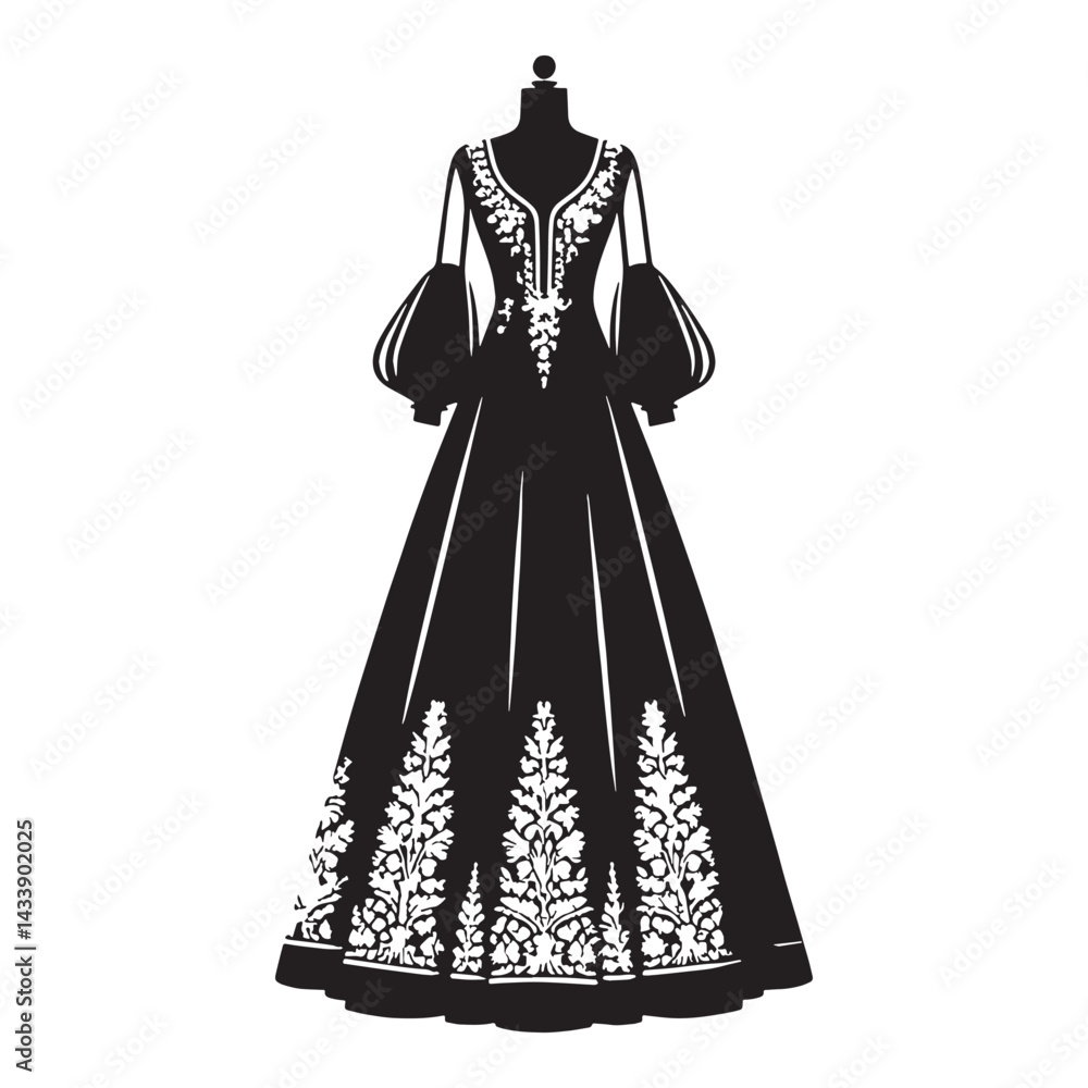 Fototapeta premium Trendy Indo-Western Gown silhouette, perfect harmony of east and west – Indo-Western Gown illustration – Minimalist Indo-Western Gown vector – Ladies dress silhouette