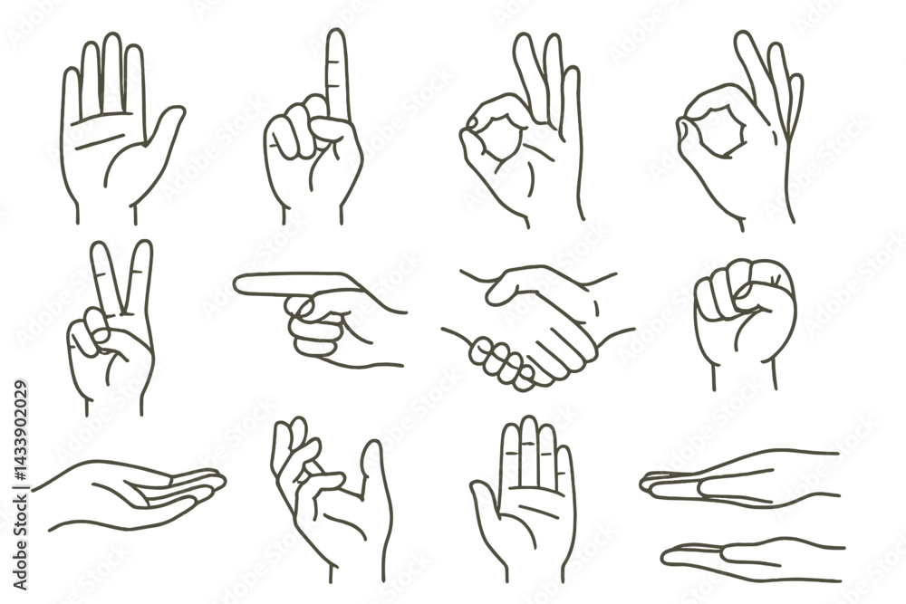 Fototapeta premium Hand gesture icon set showcasing diverse communication forms including counting, greeting, and expressing emotions