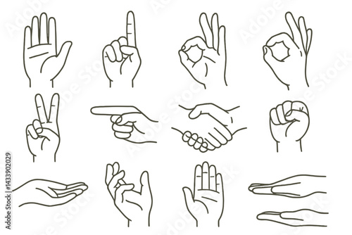 Hand gesture icon set showcasing diverse communication forms including counting, greeting, and expressing emotions