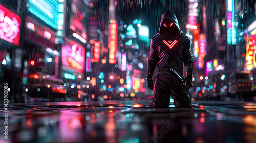 Cyberpunk Figure Kneeling In Rain-Soaked Neon City