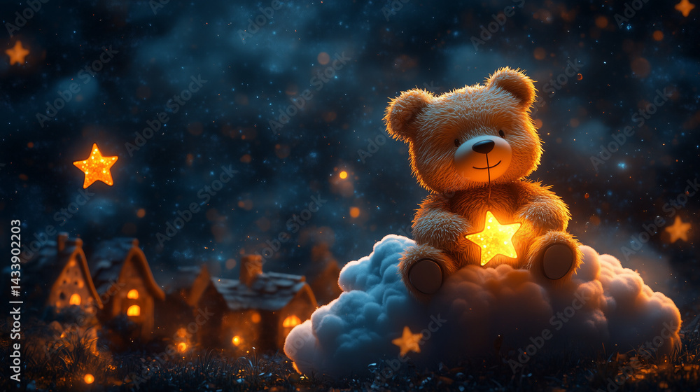 A sleepy bear riding a flying cloud over a fairy tale village at night, holding a star lantern, soft glow, bedtime story illustration, pastel and cozy colors A sleepy bear riding a flying cloud over a fairy tale village at night, holding a star lantern, soft glow, bedtime story illustration, pastel and cozy colors