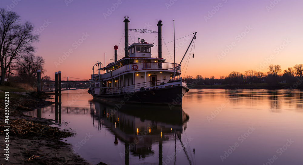 Fototapeta premium Old steamboat docked on calm river at sunset, showcasing vintage charm and scenic reflection