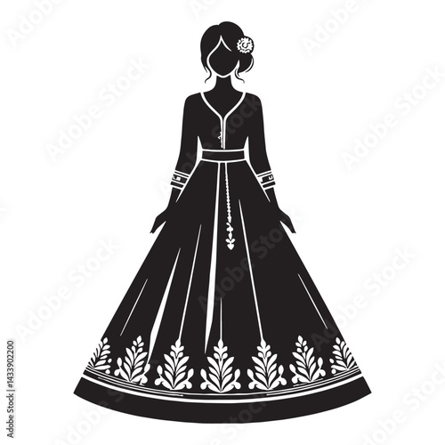 Contemporary Indo-Western Gown silhouette, blending tradition and modernity – Indo-Western Gown illustration – Minimalist Indo-Western Gown vector – Ladies dress silhouette

