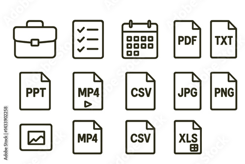 Icon set featuring various file types and a briefcase, useful for digital organization and communication tools