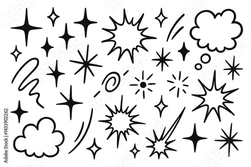 Various black and white icons representing stars, bursts, and clouds for creative designs and illustrations