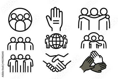 Diverse icon set depicting community, unity, collaboration, and support among people in various scenarios and interactions