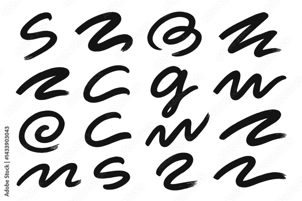 Diverse brush stroke icon set featuring various abstract shapes and patterns