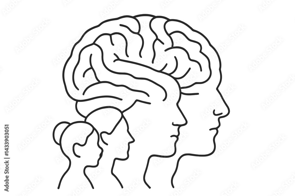 Brain icon set showcasing human profiles with varying complexities over time Brain icon set showcasing human profiles with varying complexities over time