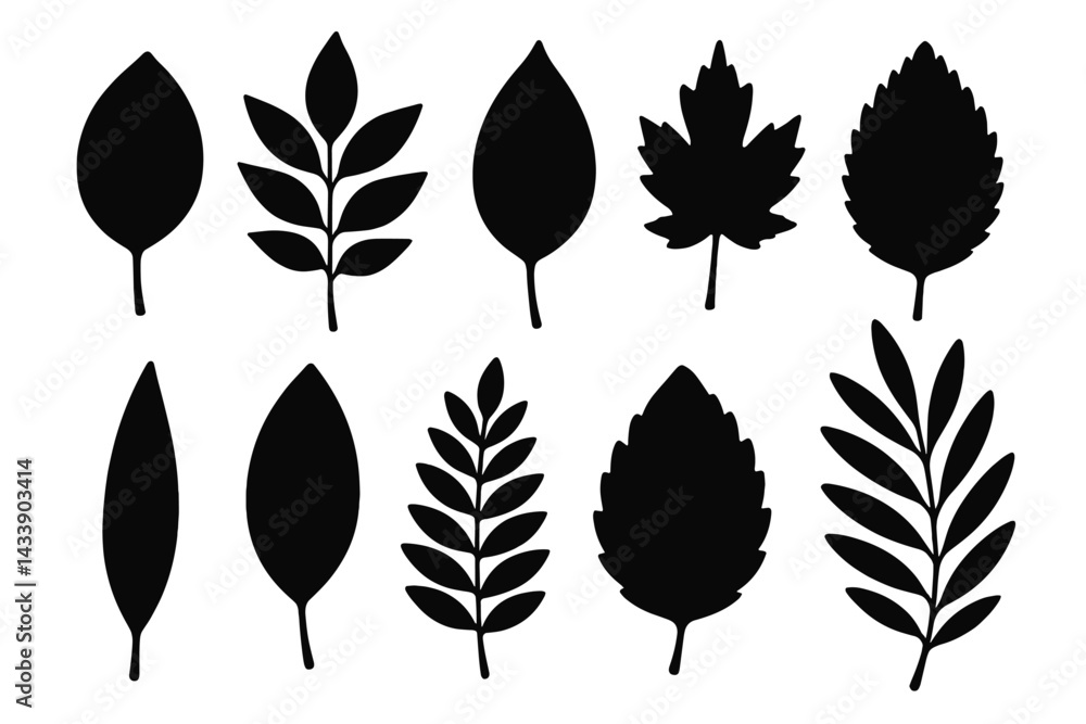 Obraz premium Collection of black silhouette icons depicting various leaf shapes suitable for design and decoration