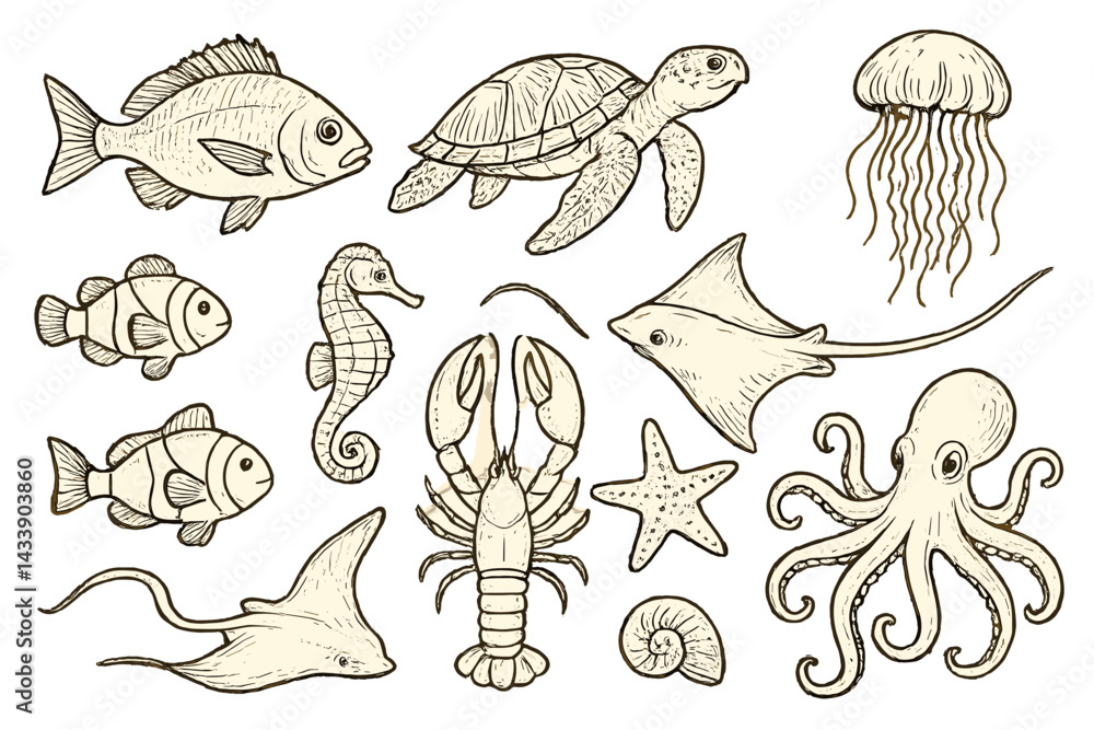 Fototapeta premium Collection of marine life icons showcasing fish, turtle, octopus, and other sea creatures in detailed illustration