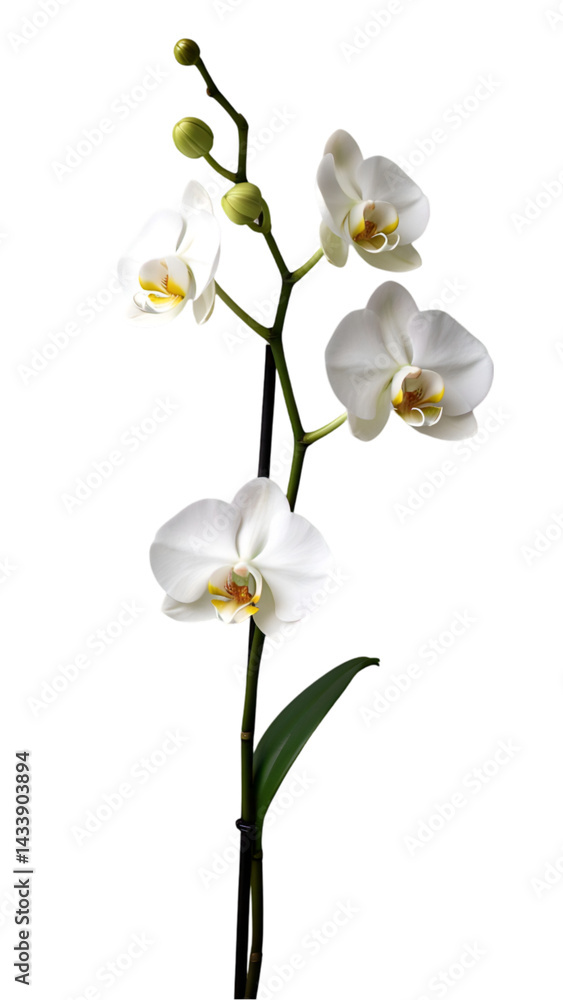 Obraz premium Graceful White Orchid Stem with Open Blooms and Unopened Buds, Isolated on Transparent Background
