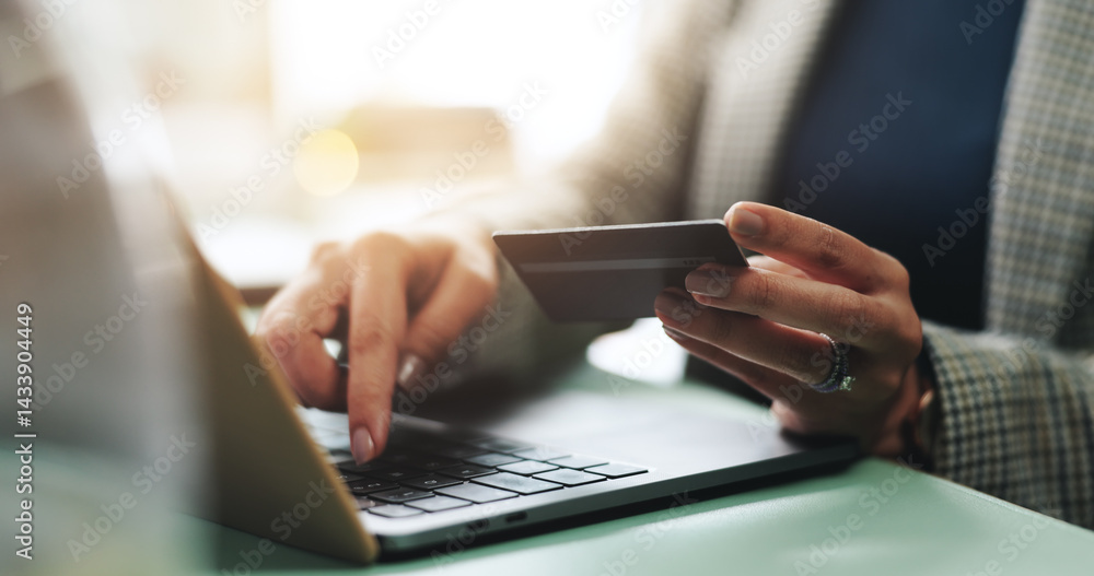 Business, hands and typing on laptop with credit card for online shopping, company purchase or easy transaction. Procurement officer, woman and website for ecommerce, internet payment or subscription Business, hands and typing on laptop with credit card for online shopping, company purchase or easy transaction. Procurement officer, woman and website for ecommerce, internet payment or subscription