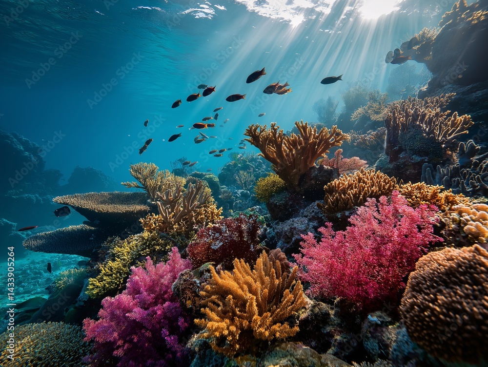 Fototapeta premium Vibrant coral reef ecosystem teeming with marine life and sunlit waters.