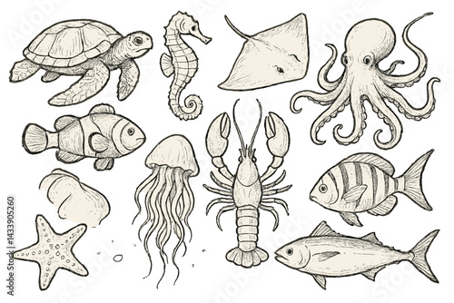 Collection of marine animal icons featuring various species in detailed sketches suitable for educational and decorative use