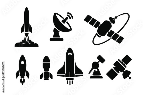 Icon set featuring rockets, satellites, and communication devices designed for space exploration and technology themes