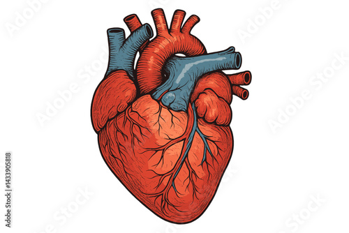 Detailed illustration of human heart anatomy highlighting major blood vessels and structure in vibrant colors