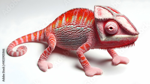 Pink And Red Chameleon Figurine On White Background With Detailed Scales And Textured Surface