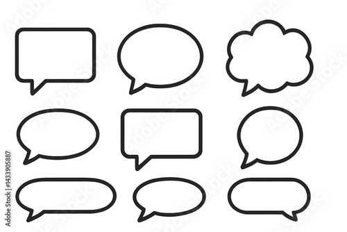 Icon set of various speech bubbles and thought clouds in simple line style for communication design projects
