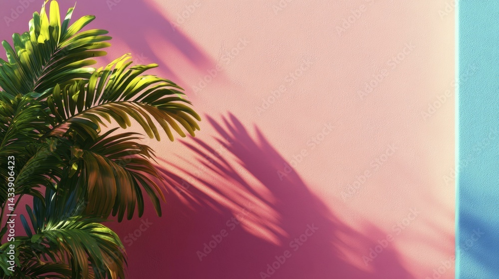 Obraz premium Lush palm foliage accents a stucco pink backdrop, complemented by an aqua accent wall and cast shadows for tropical serenity