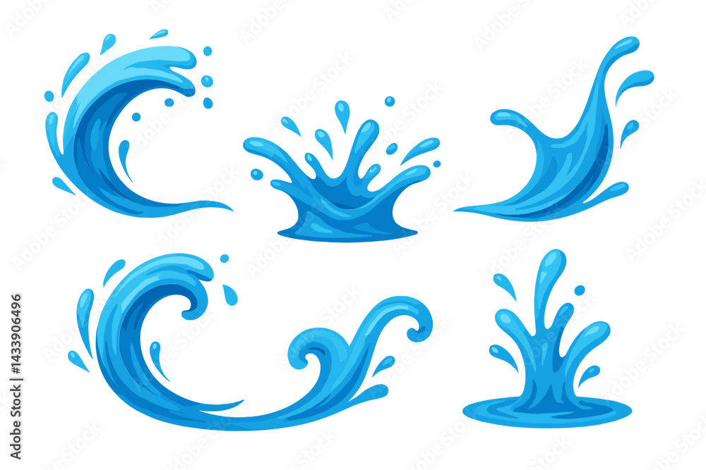 Naklejka premium Icon set featuring dynamic water splash and wave designs suitable for various digital applications