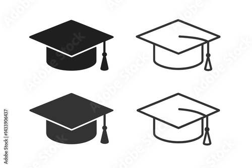 Icon set featuring different styles of graduation caps in various designs and colors for education-related projects
