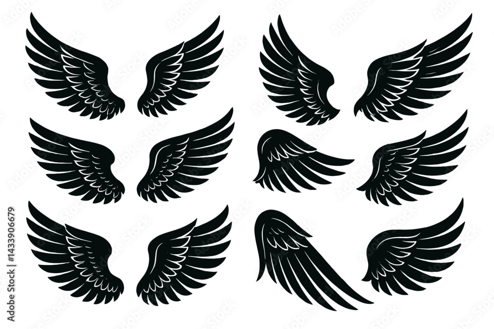 Icon set featuring various styles of black wings for creative design projects and artistic applications Icon set featuring various styles of black wings for creative design projects and artistic applications