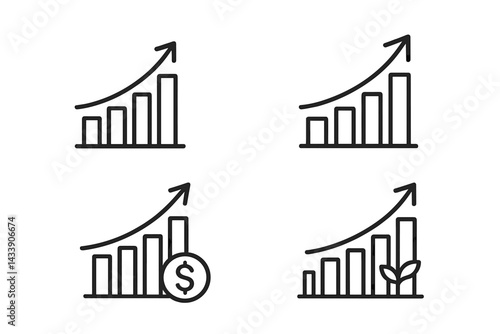 Icon set featuring financial growth indicators and bar charts for business presentations and analytics
