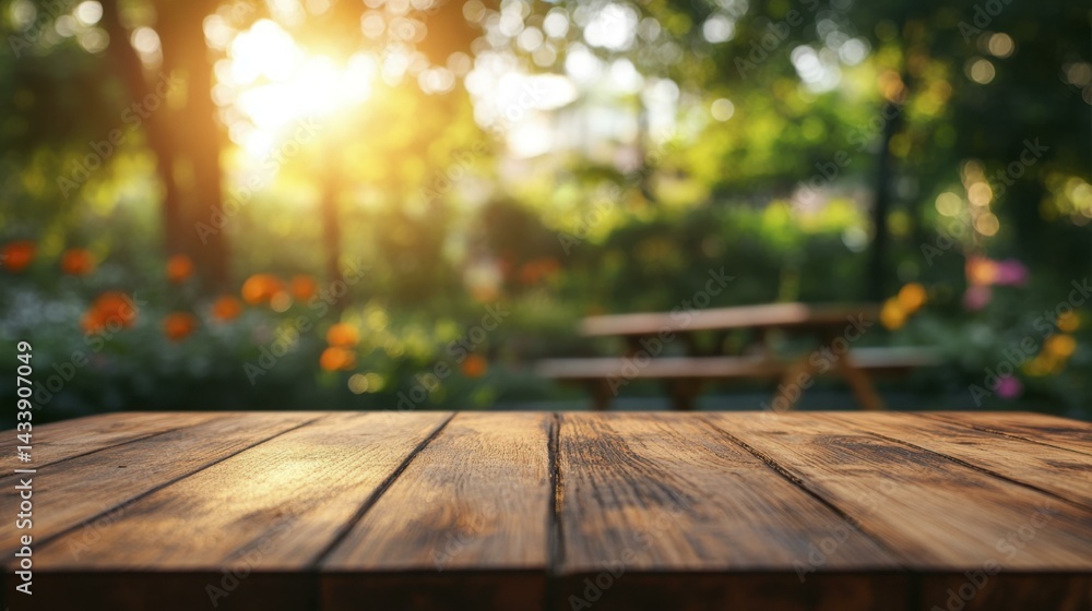 Sunlit wooden surface with a blurred background of lush garden with a table, vibrant colors and inviting ambiance Sunlit wooden surface with a blurred background of lush garden with a table, vibrant colors and inviting ambiance