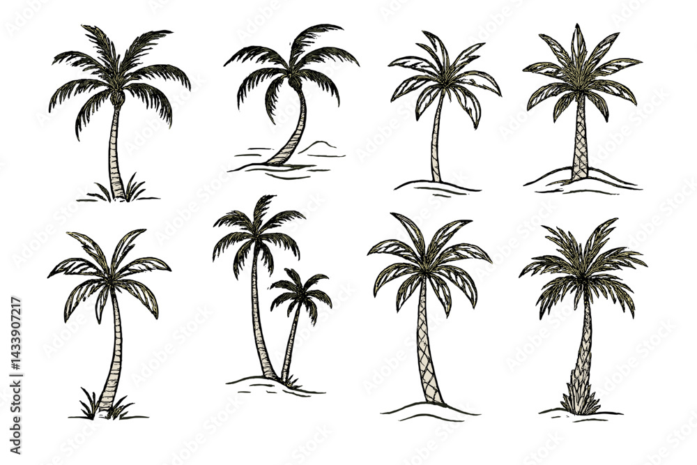 Hand-drawn tropical palm tree icon set for design projects and creative use Hand-drawn tropical palm tree icon set for design projects and creative use