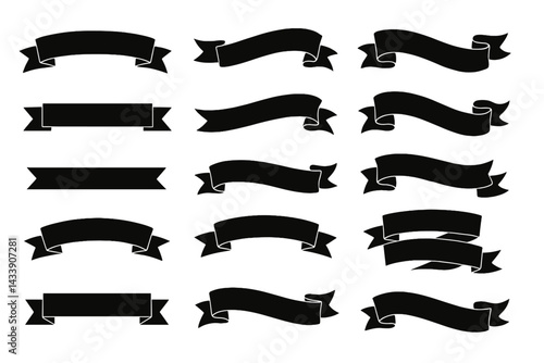 Icon set featuring black ribbon banners for various design applications and creative projects for use in graphic design