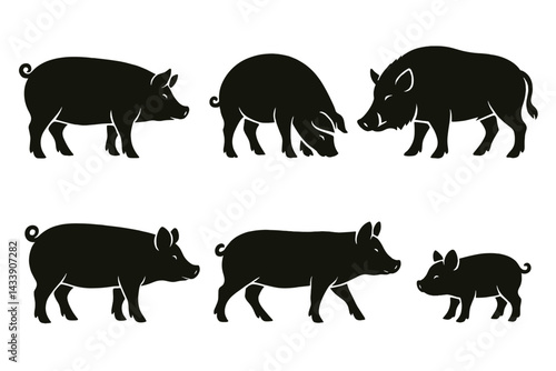Icon set showcasing various silhouettes of pigs and wild boars in different poses and sizes for creative projects