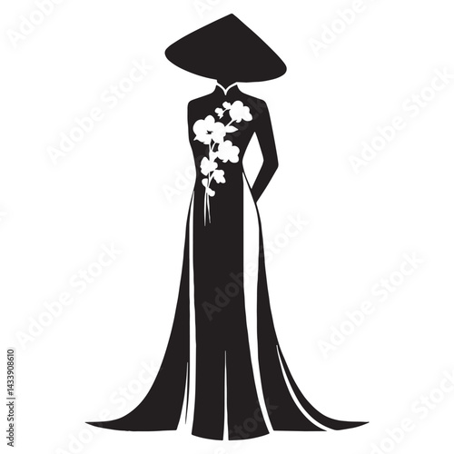 Elegant Ao Dai silhouette, traditional Vietnamese grace – Ao Dai illustration – Minimalist Ao Dai vector – Ladies dress silhouette

