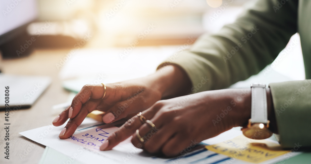 Hands, business woman and sticky note with strategy, graphs and profit growth or sales analytics. Closeup, person or financial advisor with proposal, paperwork and ideas for charts or company revenue
