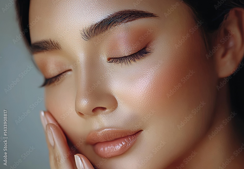 Obraz premium The concept of beauty, makeup, and vision is represented by a close-up of a young woman's face and eyes set against a grey background